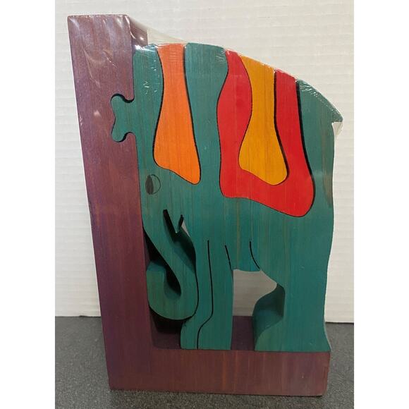 VTG New Wood Elephant Puzzle Hand Made Bookends Nursery Child Room Signed Rare - Picture 6 of 8